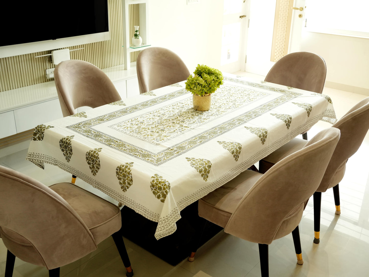 Olive Green Floral Elegance- Dining Table Cover