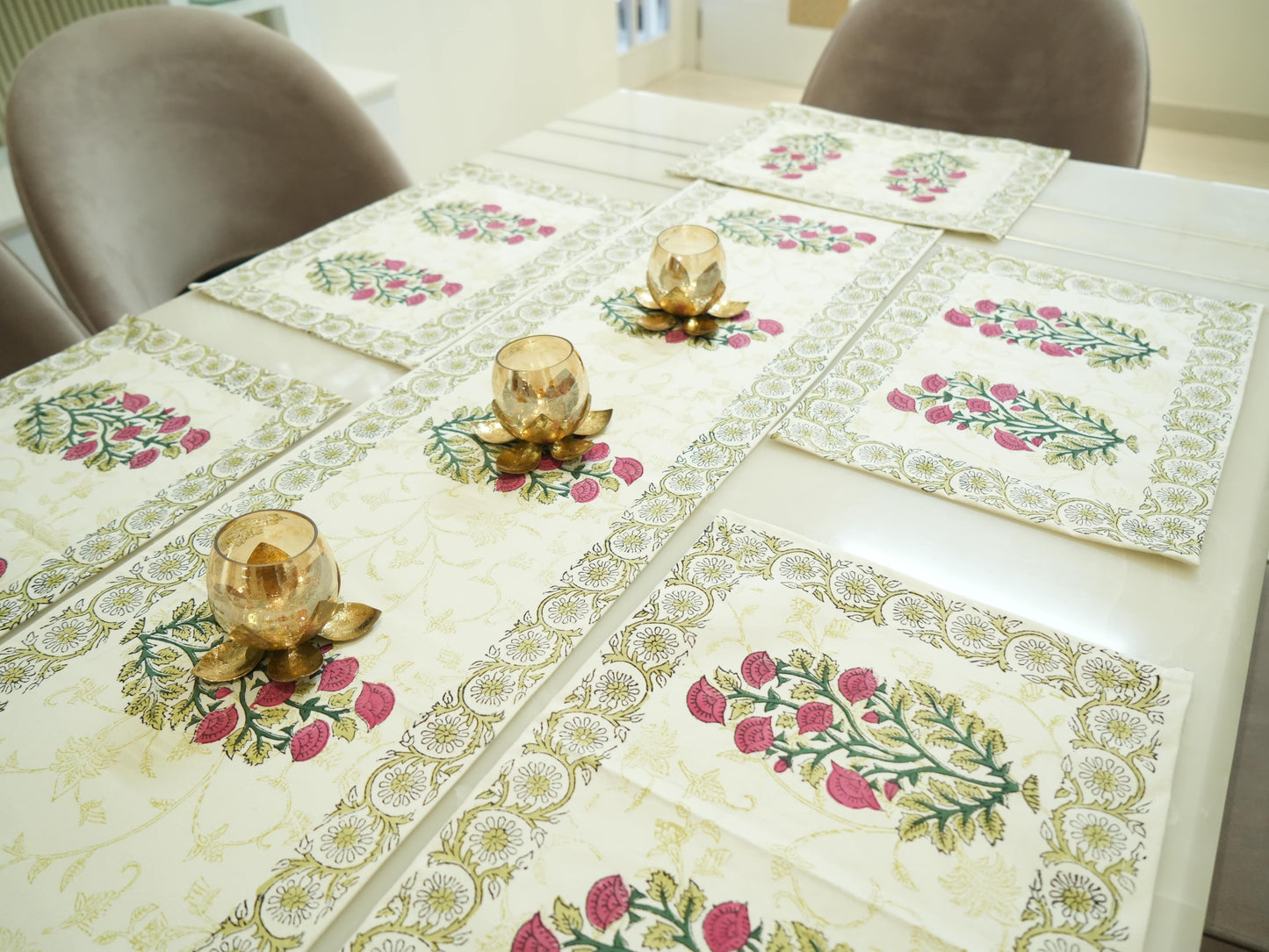 Blooms of Celebration: Hand Block Print Festive Dining Table Runner with Vibrant Floral Patterns