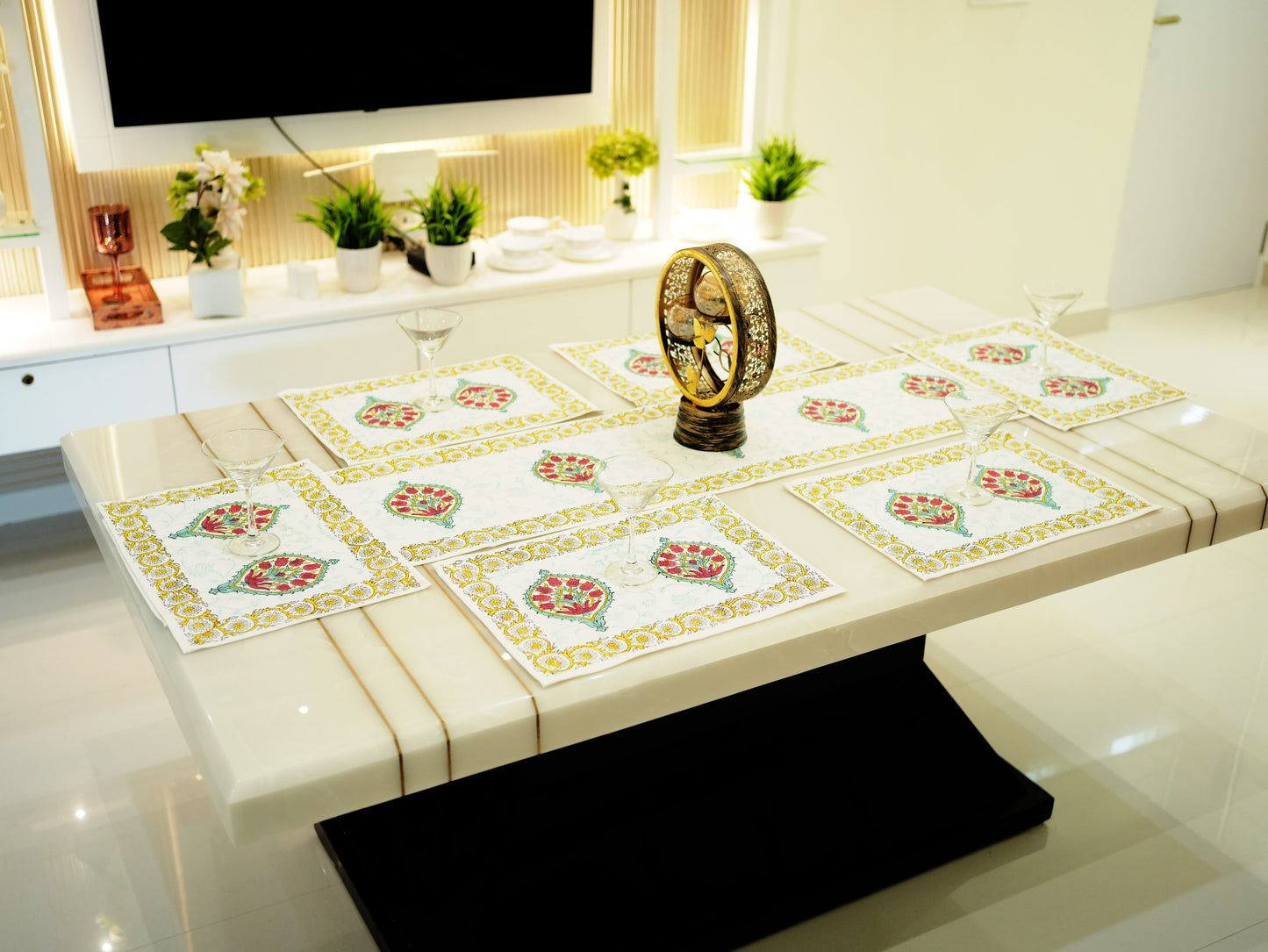 Artistry in Every Block: Hand-Blocked Multi-Color Table Runner