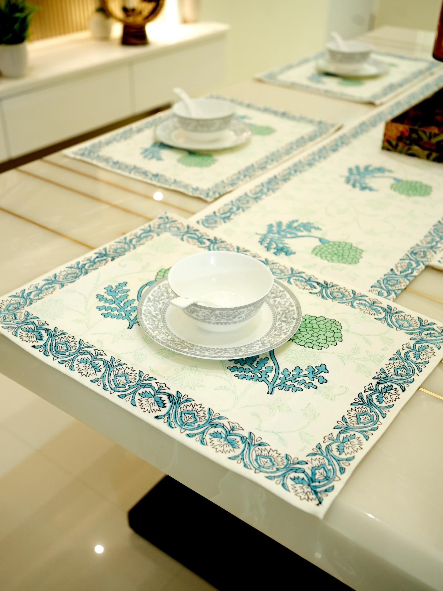 Blue Blooms: Artisan Hand-Floral Canvas Runner