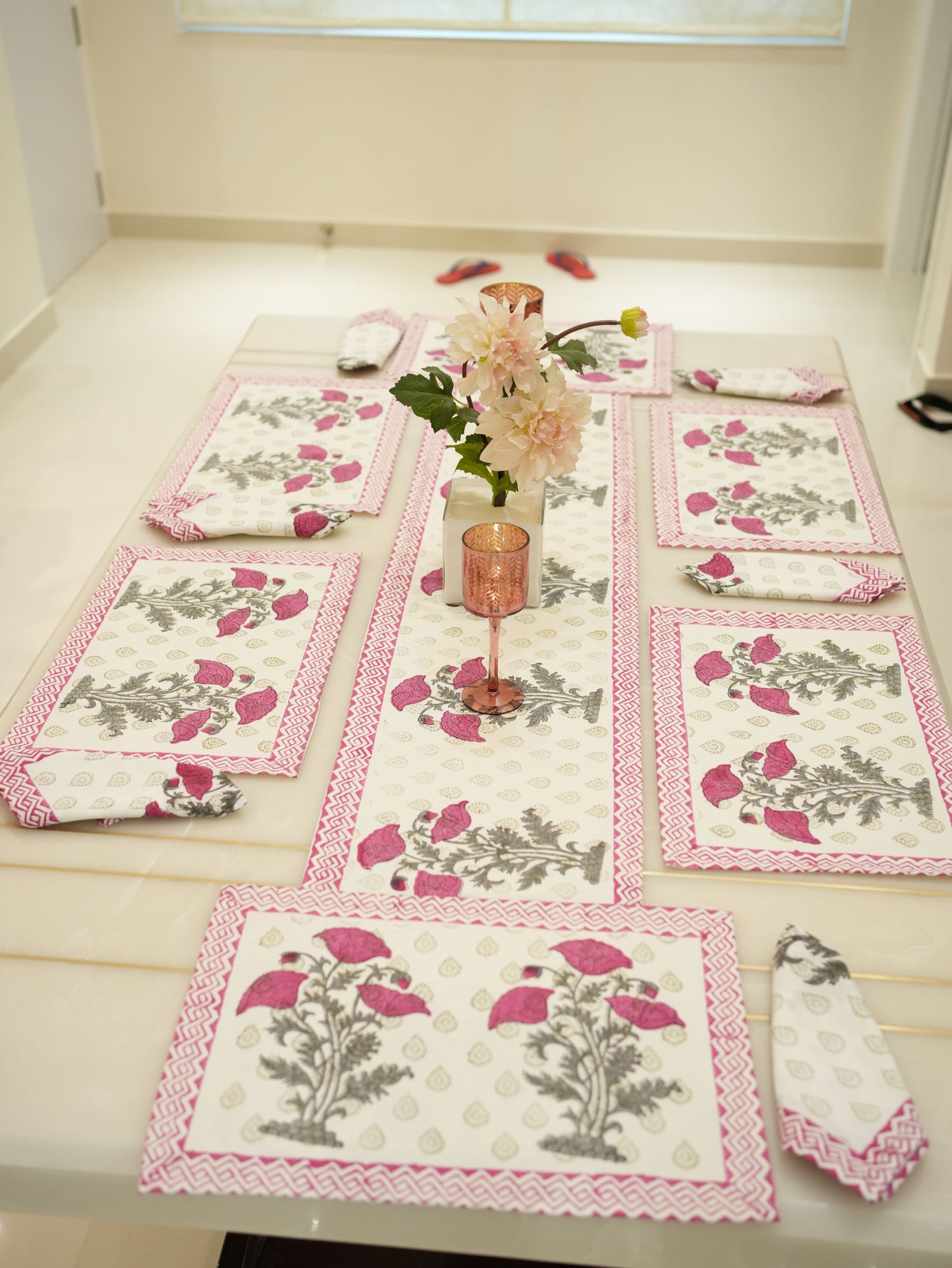 Charming Pink Floral Dining Table Runner Set