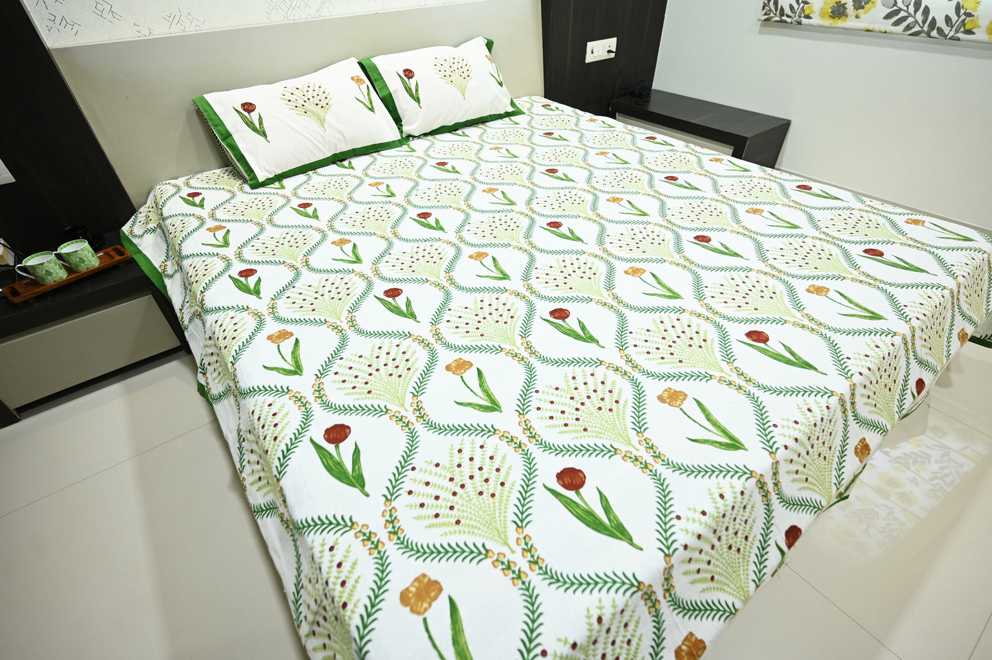 Meadow Magic Floral Double Bed King Size Cotton Bedsheet with 2 Pillow Covers