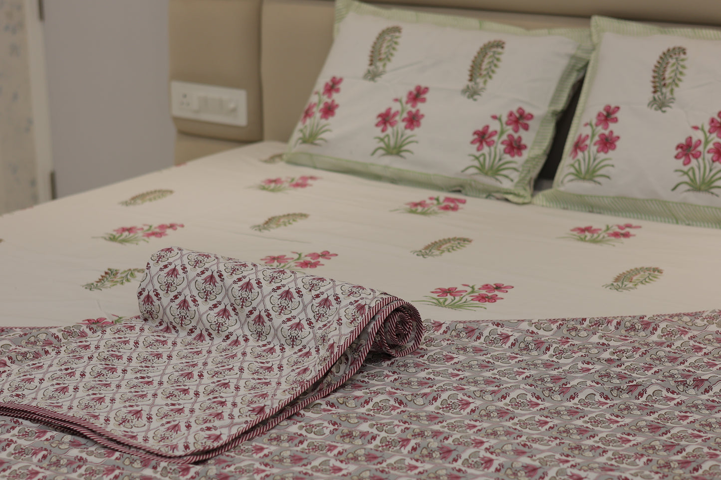 Cherry Blossom Bliss Screen Print Single Bed Dohar Set