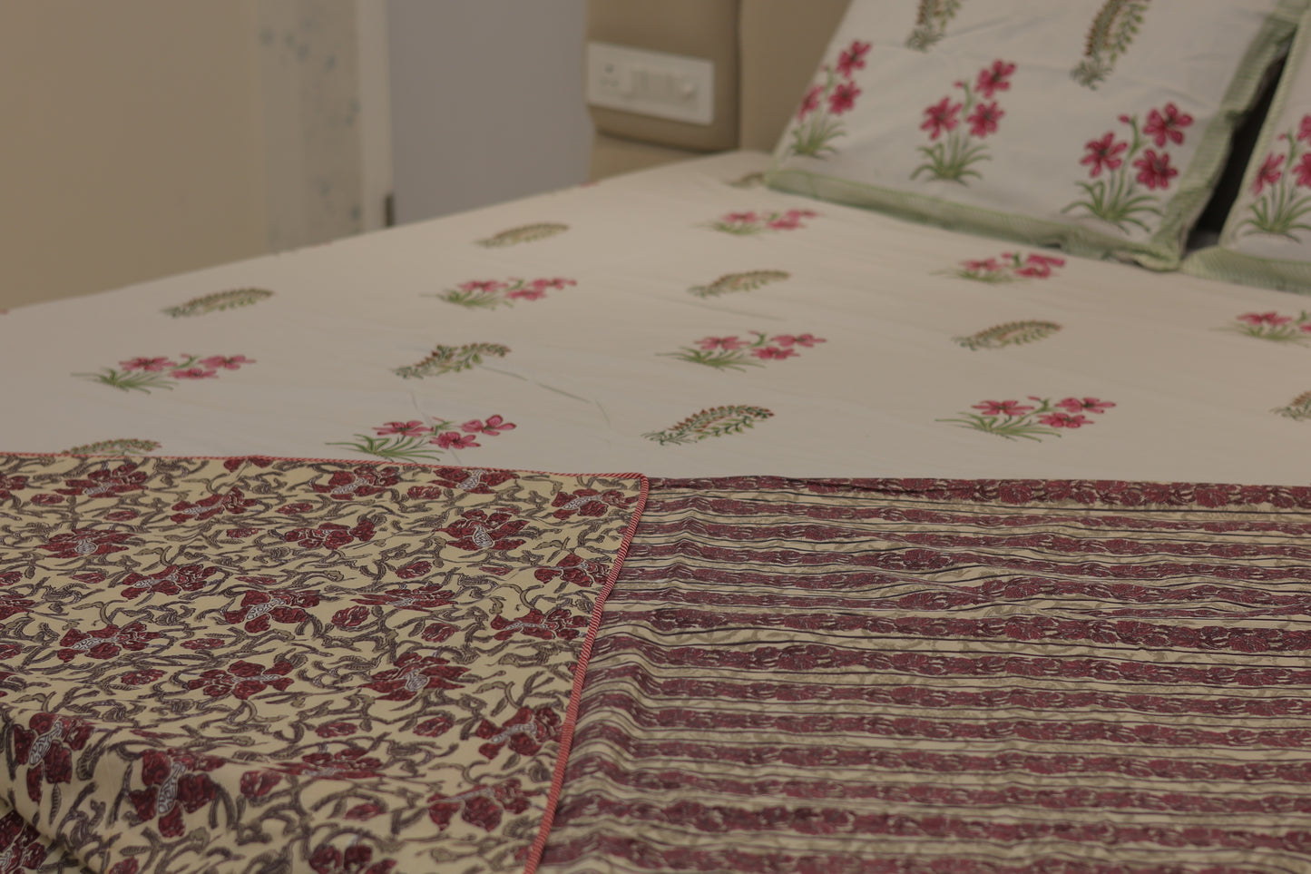 Raspberry Rose Screen Print Double Bed Dohar