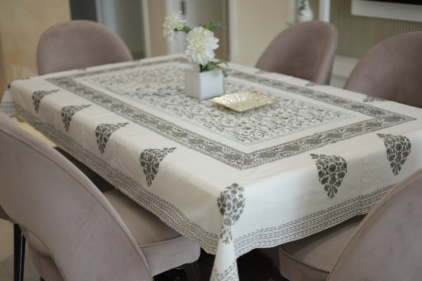 Grey Floral Elegance- Dining Table Cover