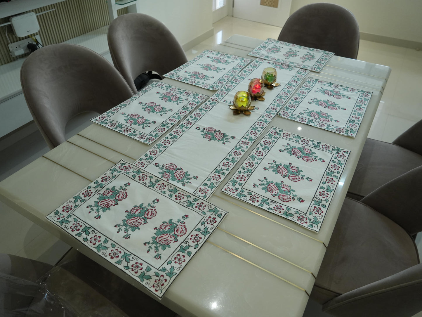 Hand-Block Rose Pattern Dining Table Runner