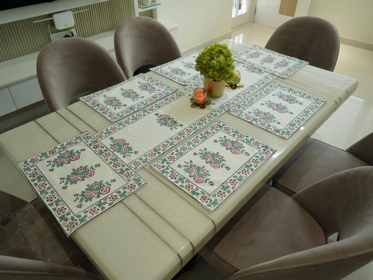 Hand-Block Rose Pattern Dining Table Runner