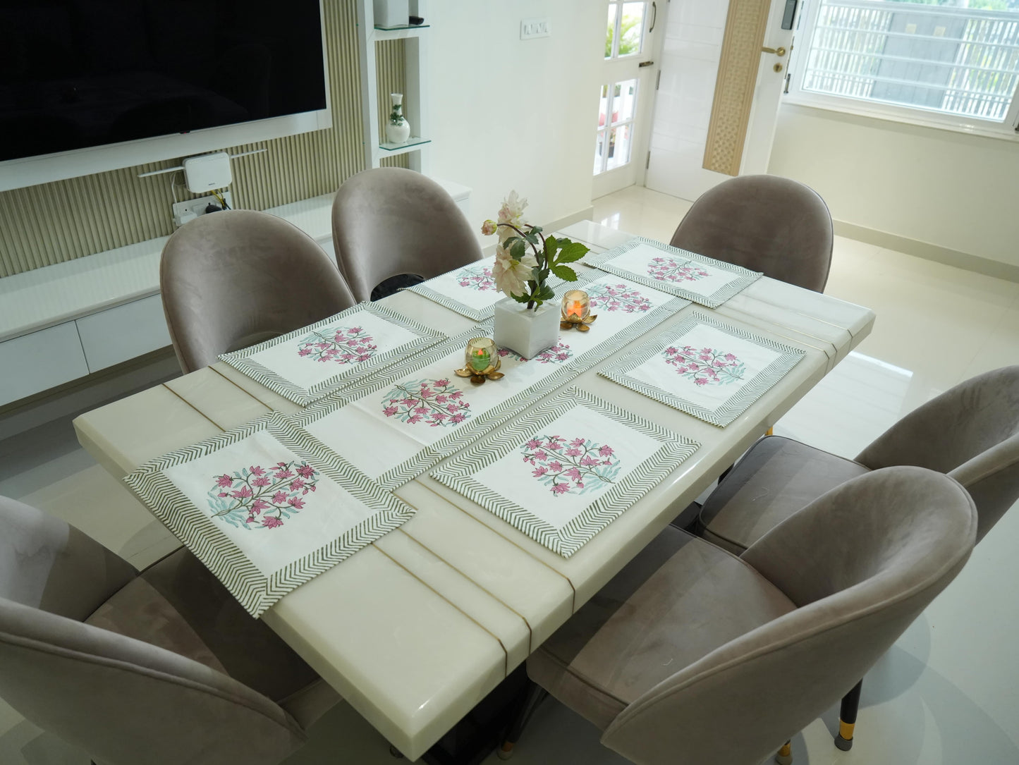 Pastel Pink Elegance: Hand-Blocked Dining Table Runner