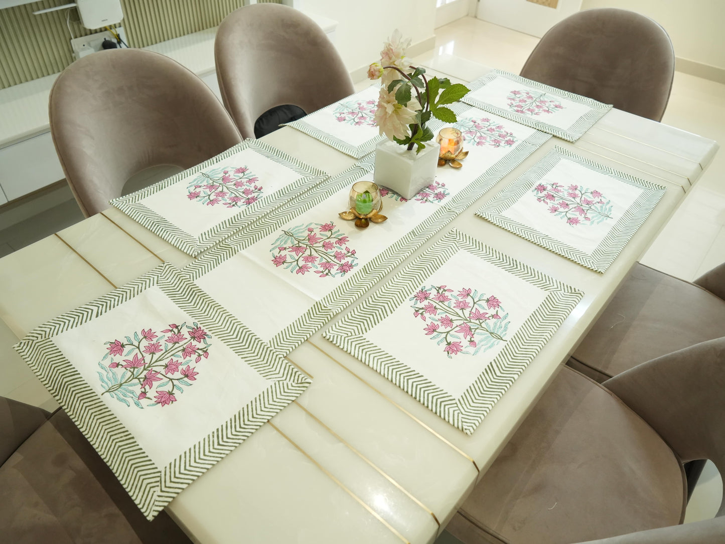 Pastel Pink Elegance: Hand-Blocked Dining Table Runner