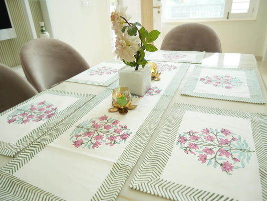 Pastel Pink Elegance: Hand-Blocked Dining Table Runner