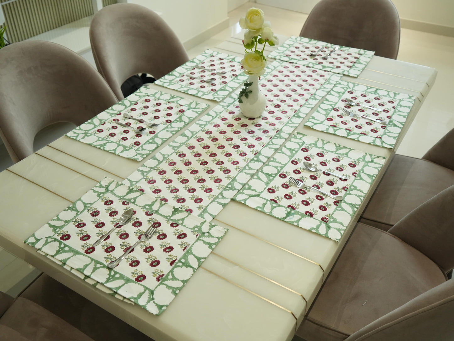 Maroon Blooms: Handblock Painted Dining Table Runner with Lush Green Border