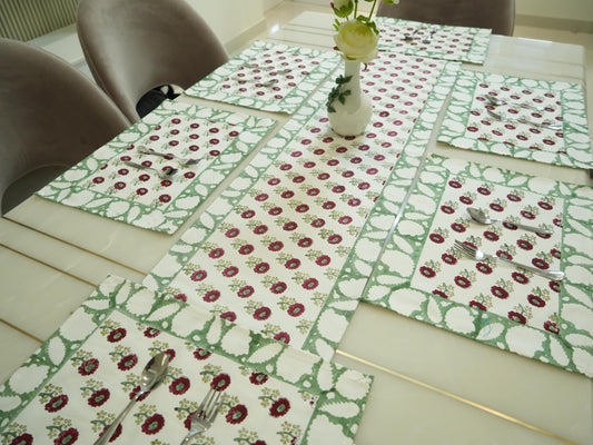 Maroon Blooms: Handblock Painted Dining Table Runner with Lush Green Border