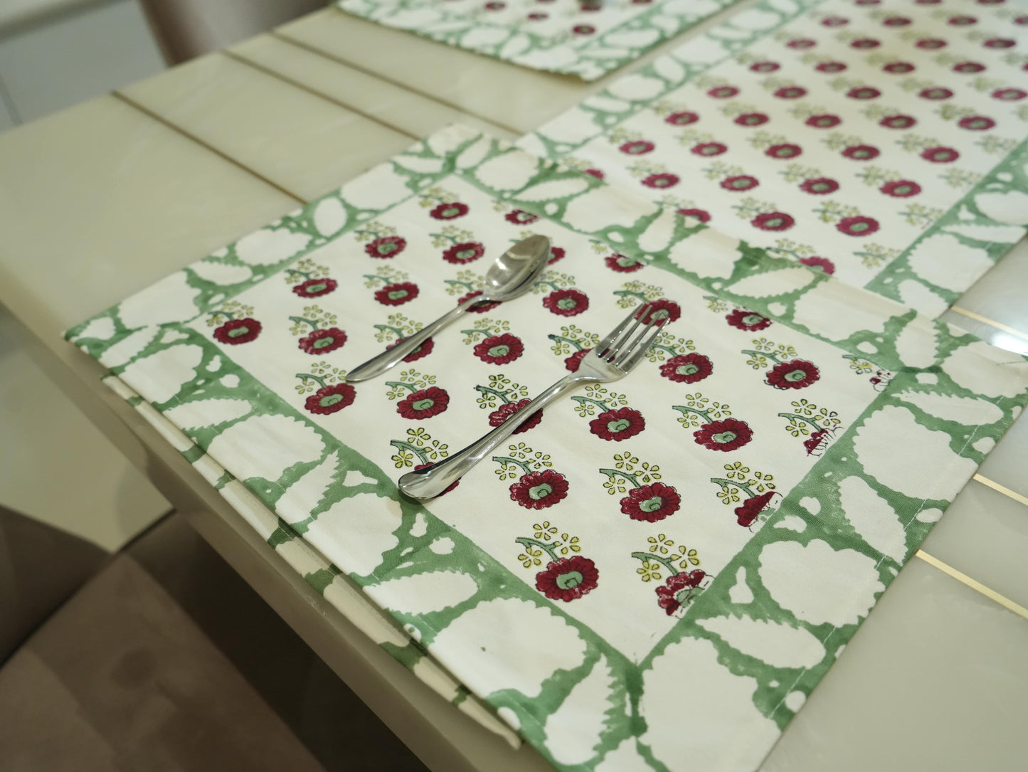 Maroon Blooms: Handblock Painted Dining Table Runner with Lush Green Border