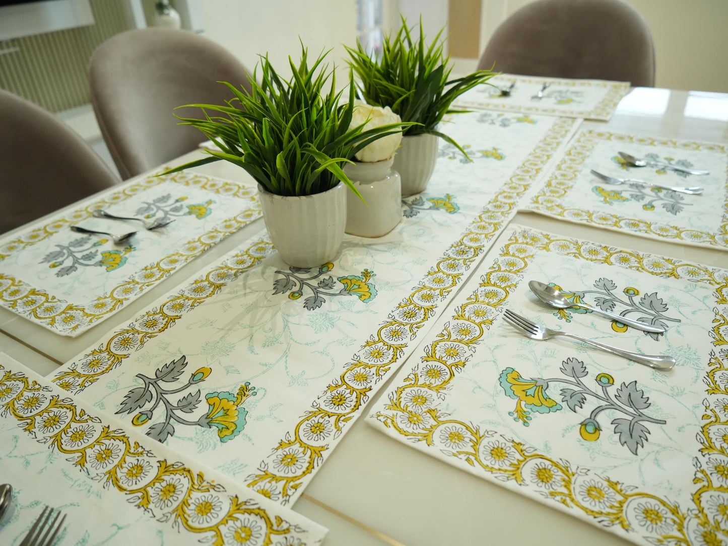 Mustard Handblock Print Floral Design Table Runner