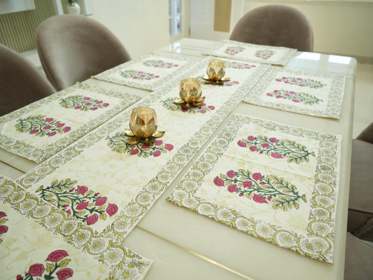 Blooms of Celebration: Hand Block Print Festive Dining Table Runner with Vibrant Floral Patterns