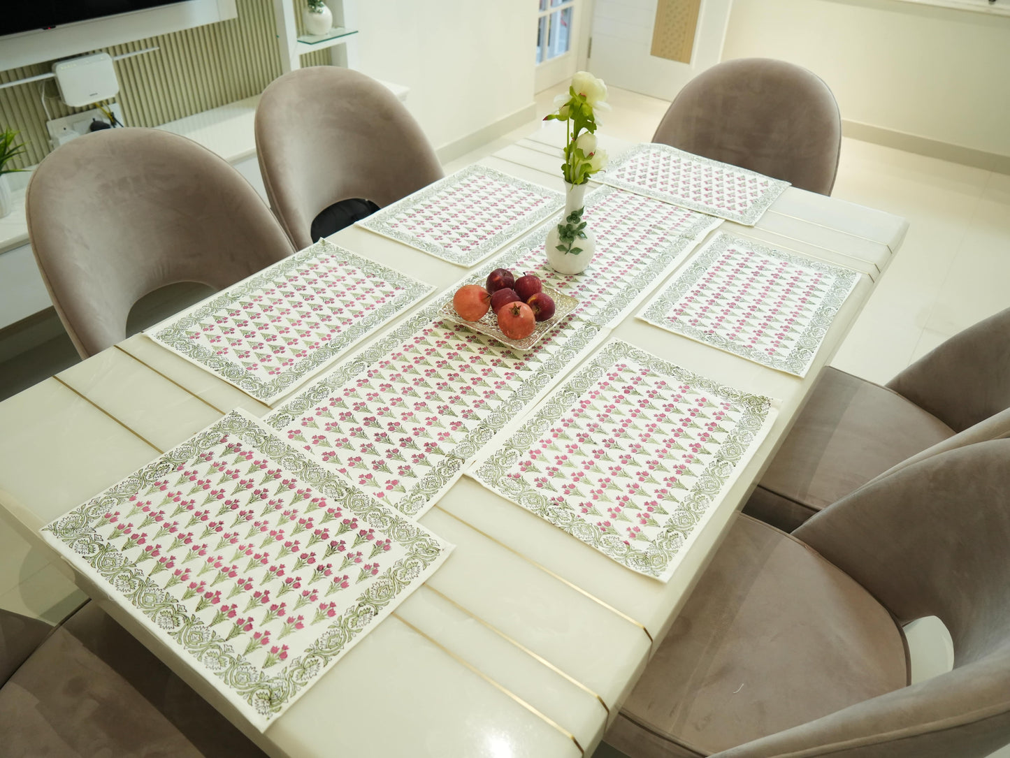 Elegance in Bloom: Pink Floral Hand Block Print Table Runner with Designer Green Border