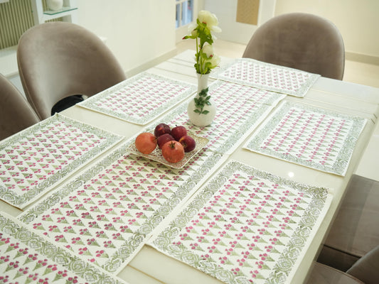 Elegance in Bloom: Pink Floral Hand Block Print Table Runner with Designer Green Border