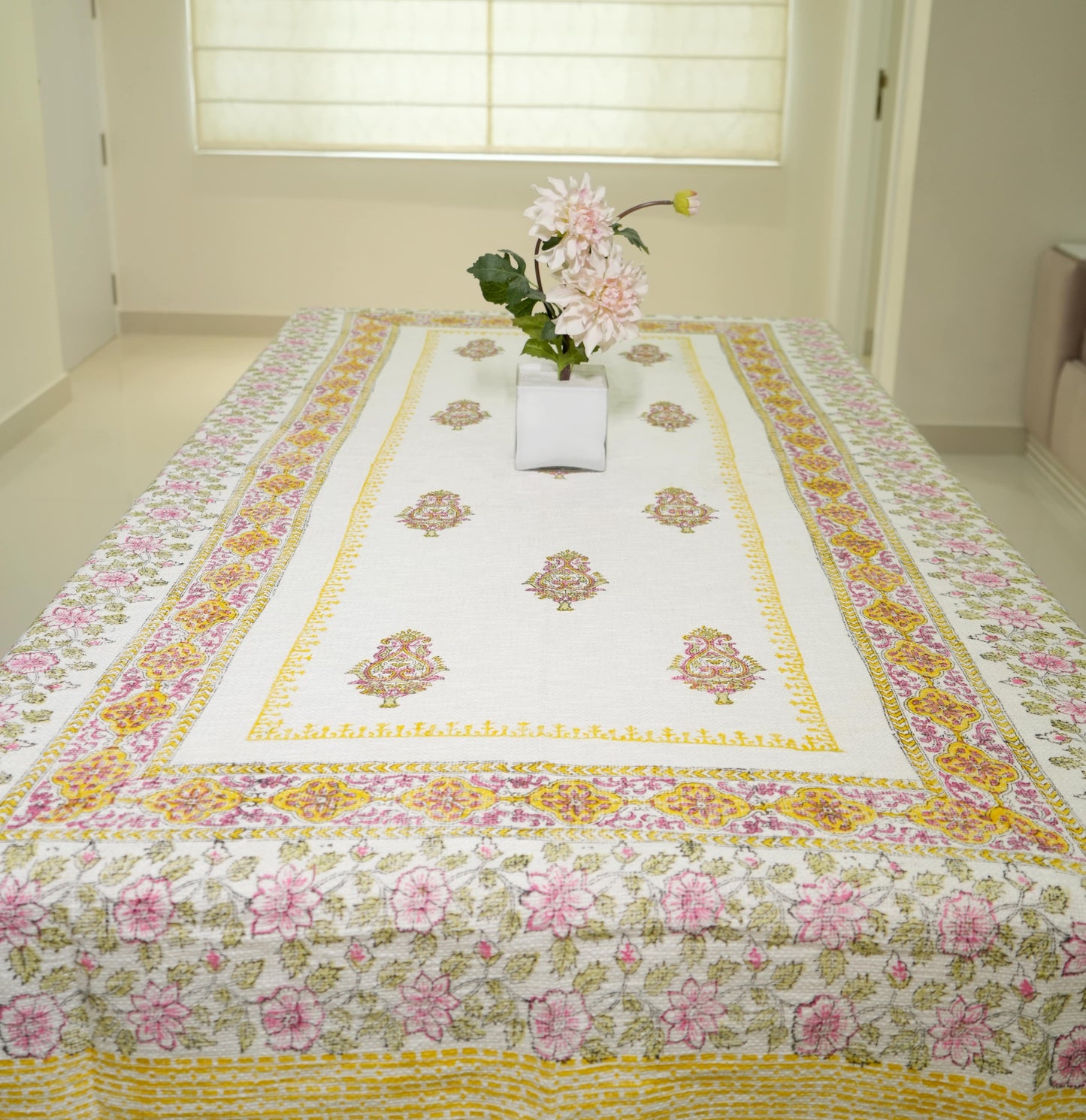 Pink and Yellow Floral Hand-Block Painted TNT Table Cover