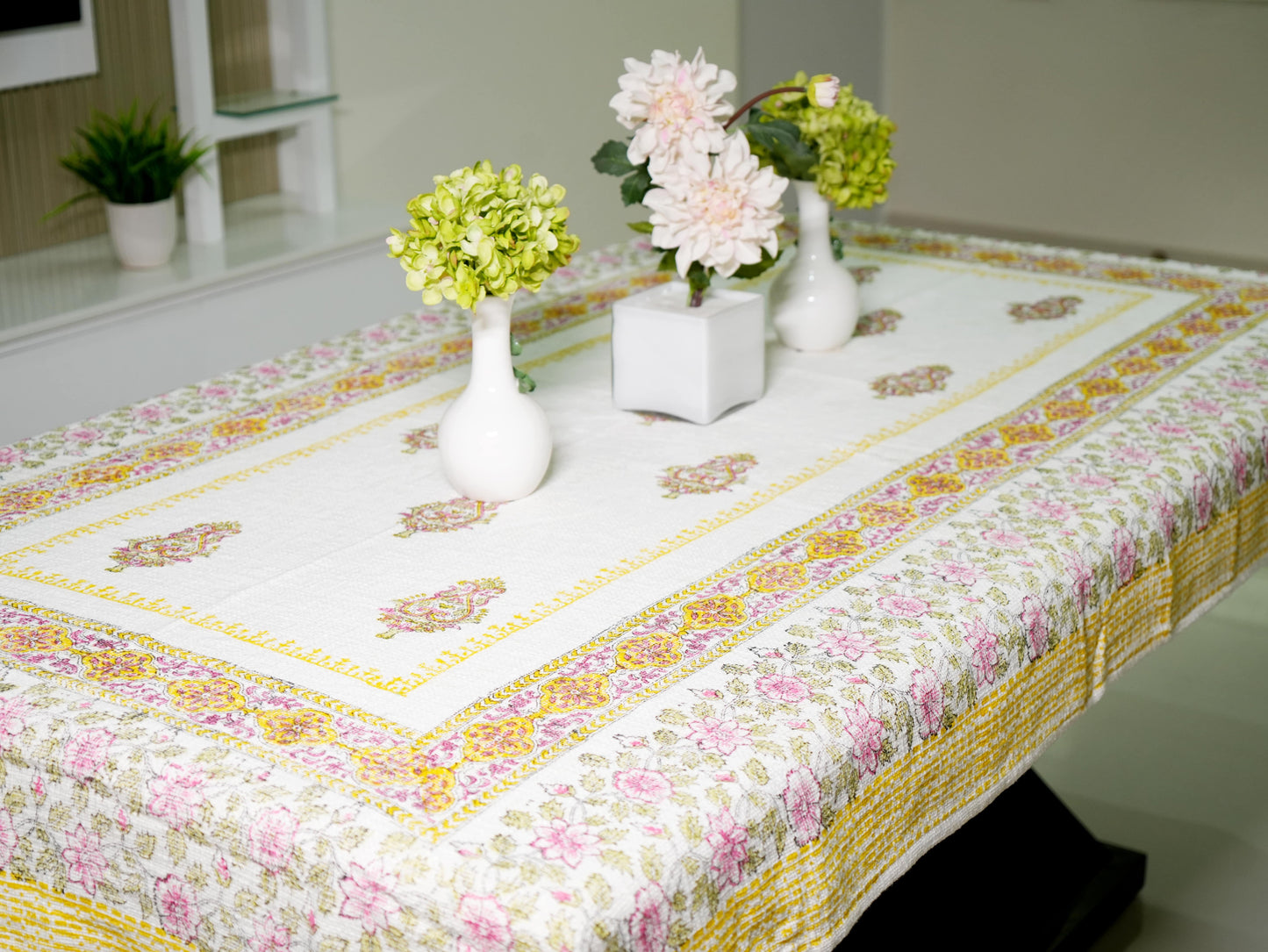 Pink and Yellow Floral Hand-Block Painted TNT Table Cover