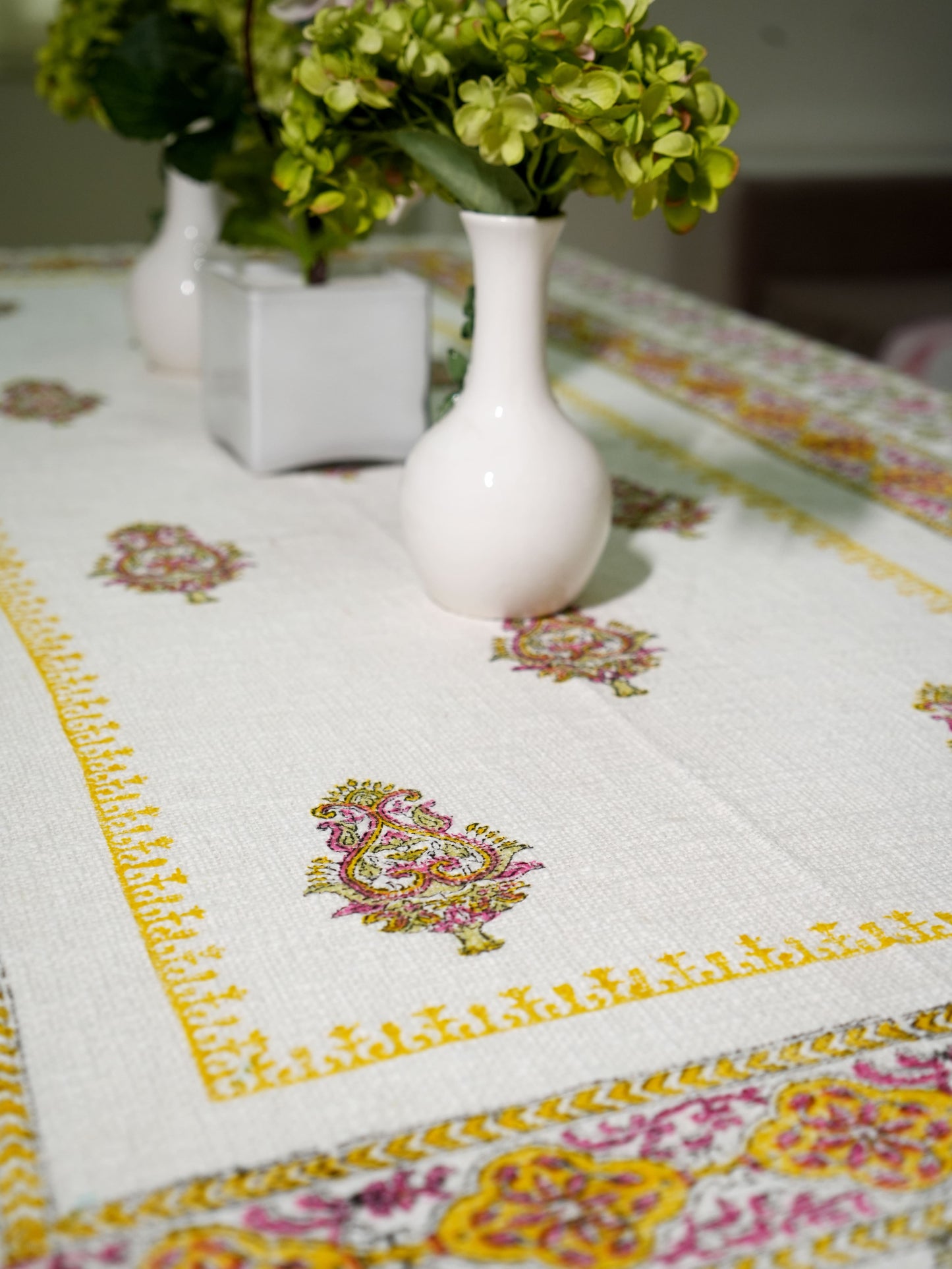 Pink and Yellow Floral Hand-Block Painted TNT Table Cover