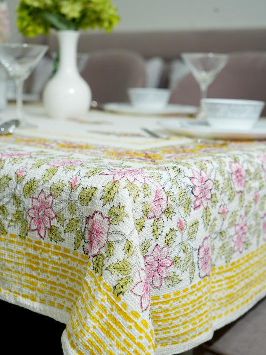 Pink and Yellow Floral Hand-Block Painted TNT Table Cover