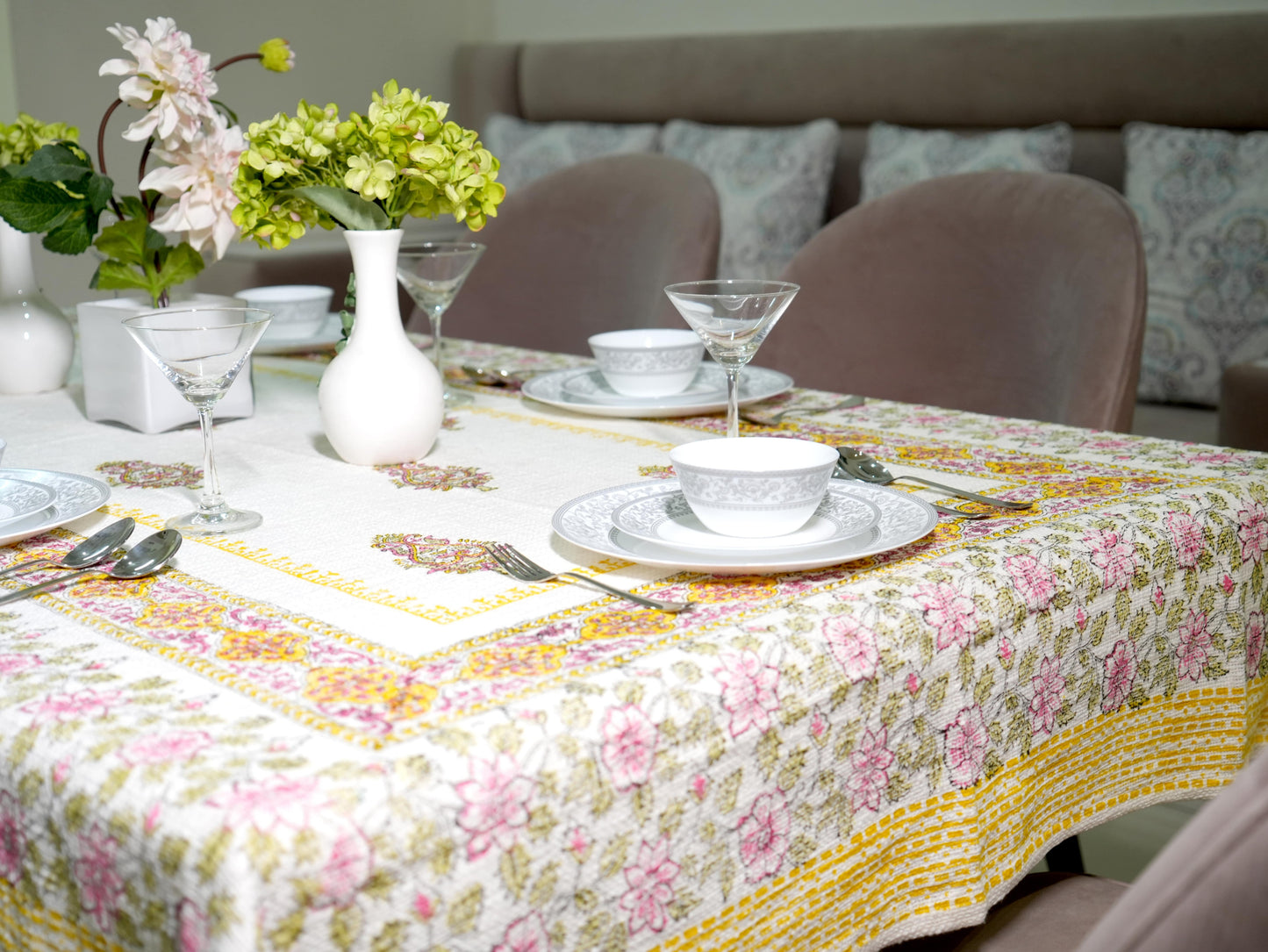 Pink and Yellow Floral Hand-Block Painted TNT Table Cover