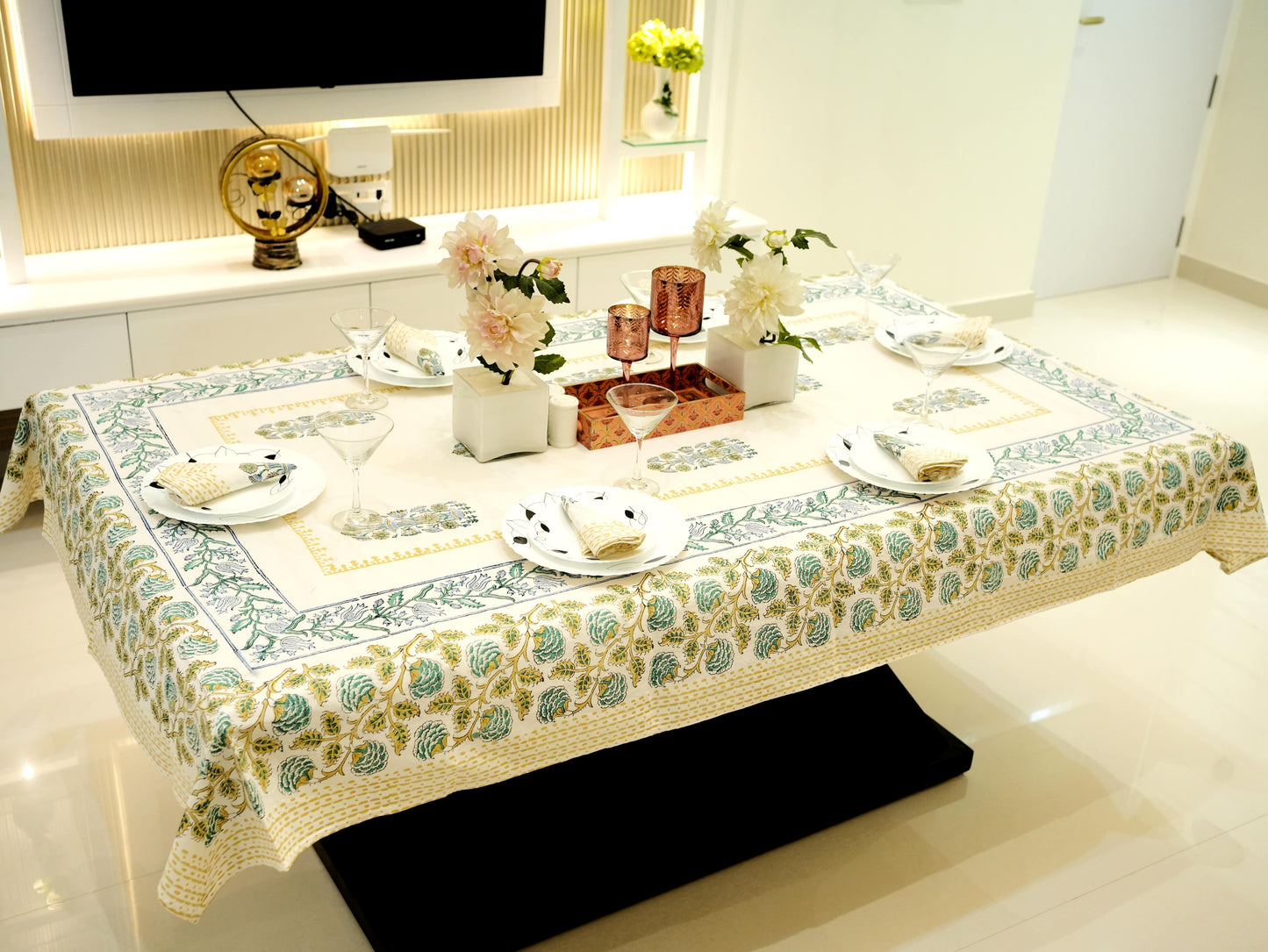 Blue Hand-Block Painted Table Cover for Timeless Elegance