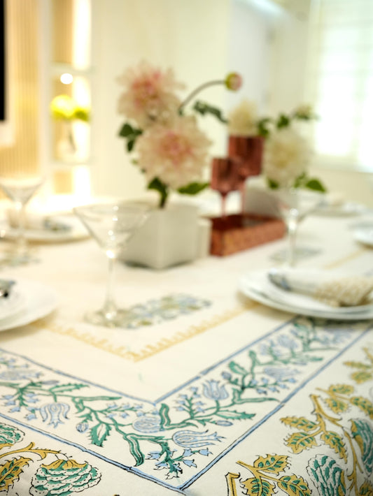 Blue Hand-Block Painted Table Cover for Timeless Elegance