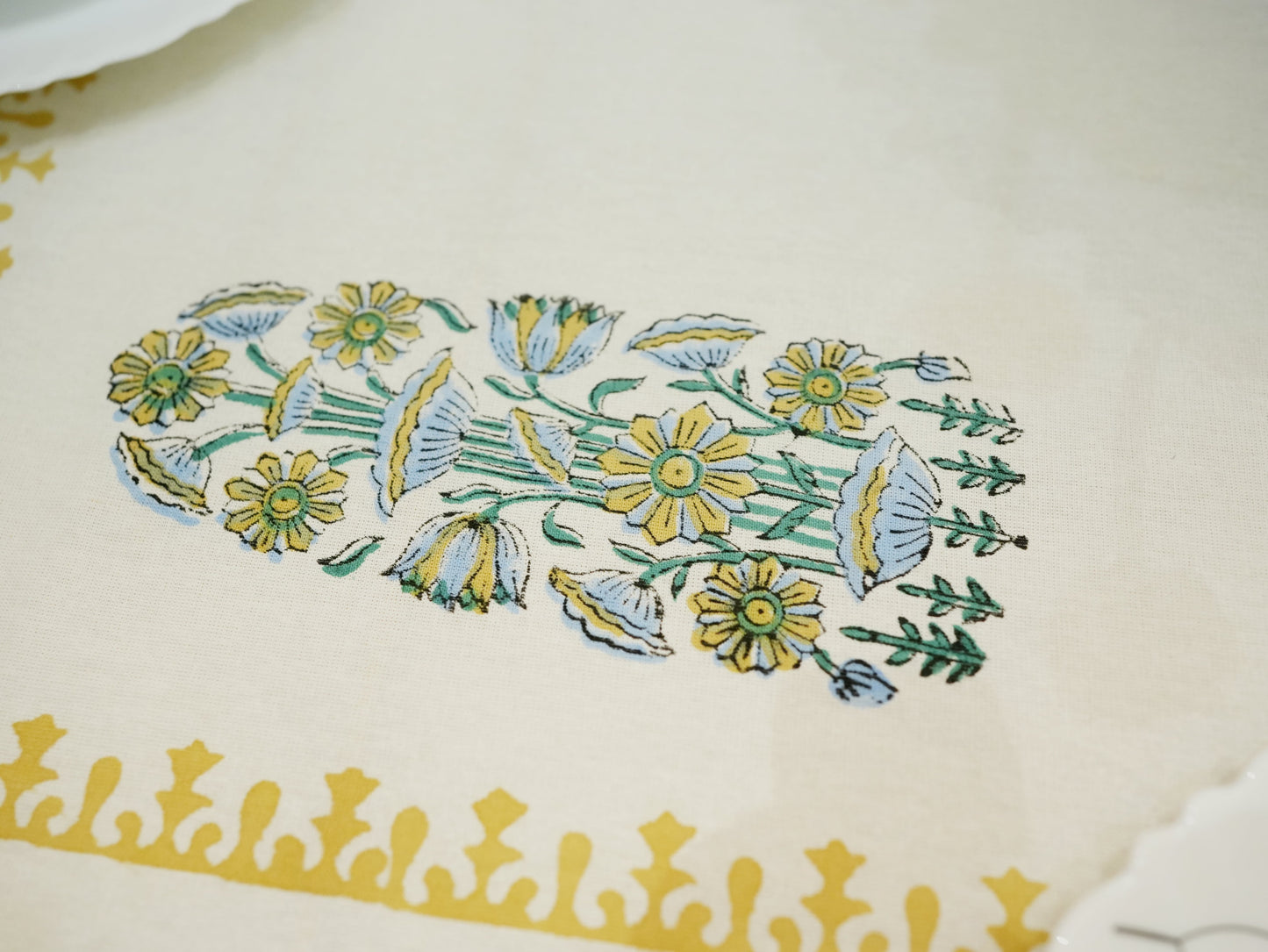 Blue Hand-Block Painted Table Cover for Timeless Elegance