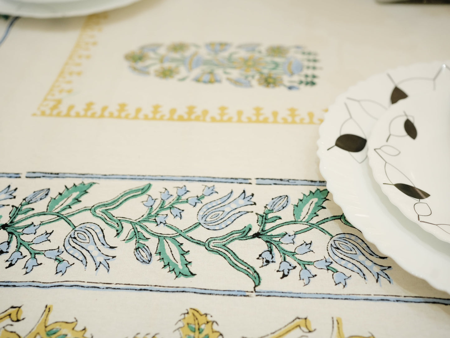 Blue Hand-Block Painted Table Cover for Timeless Elegance