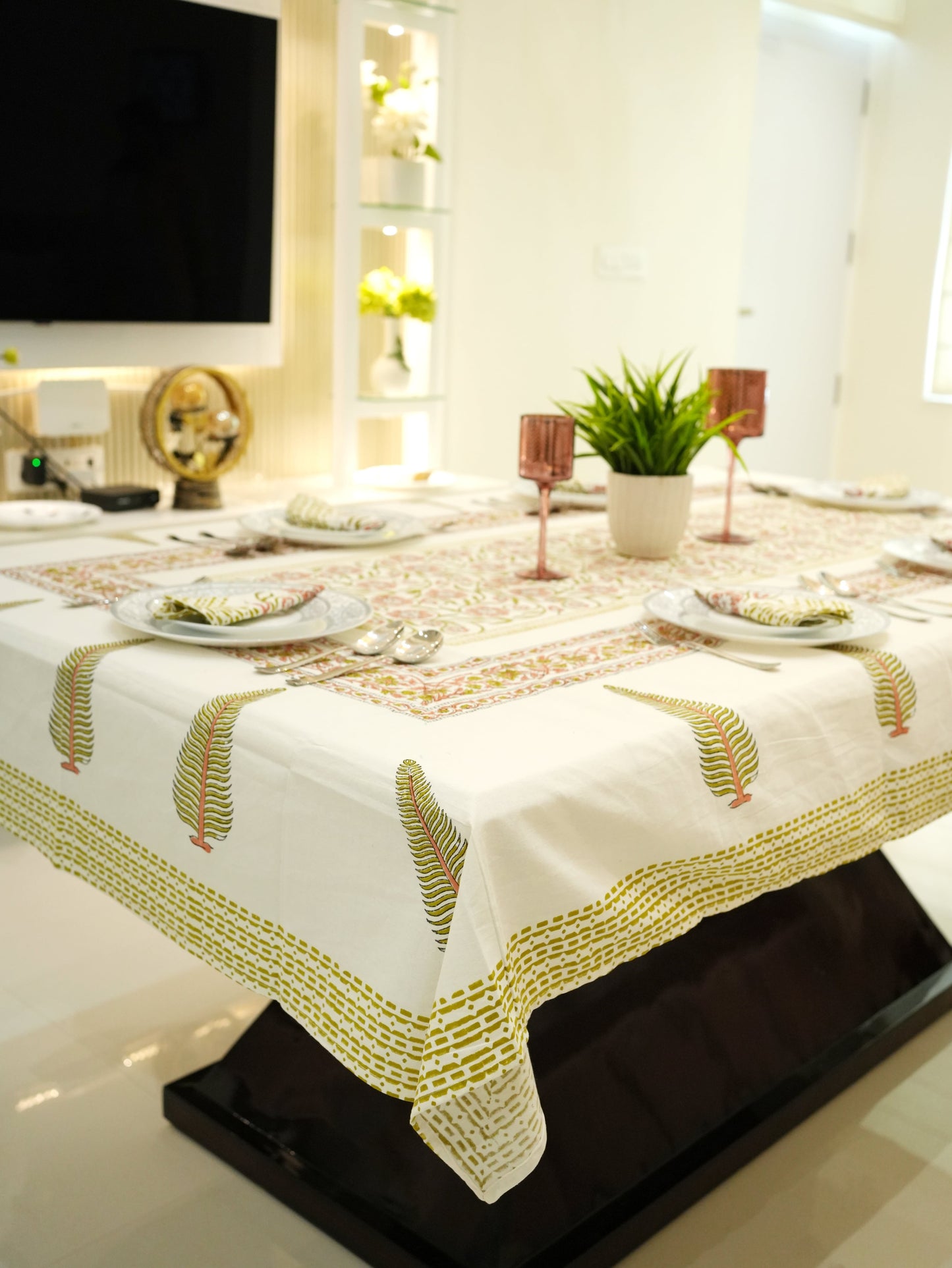 Artisan Elegance: Handblock-Painted Brown Dining Table Cover