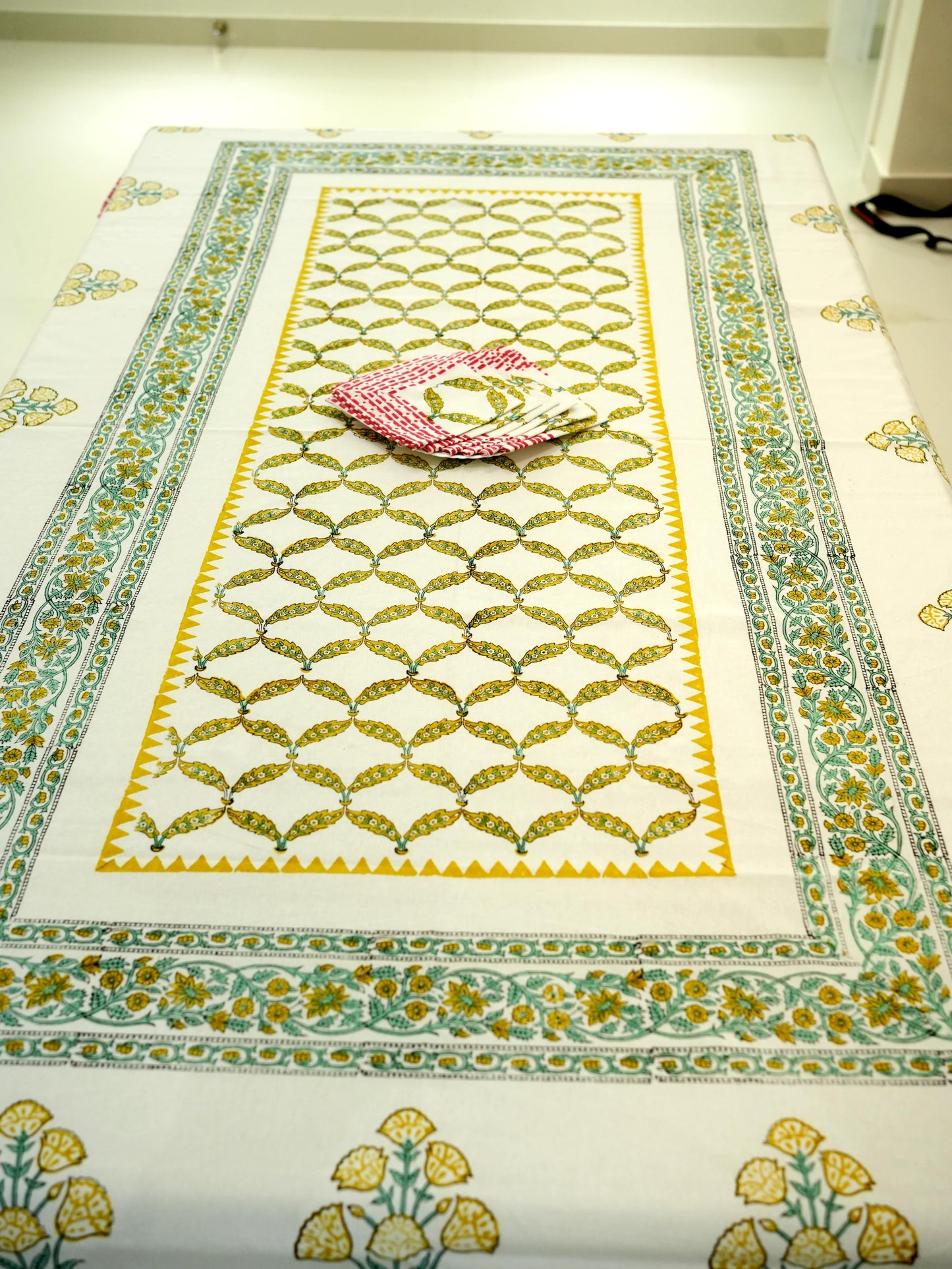 Artisan Elegance: Handblock-Painted Pink Dining Table Cover