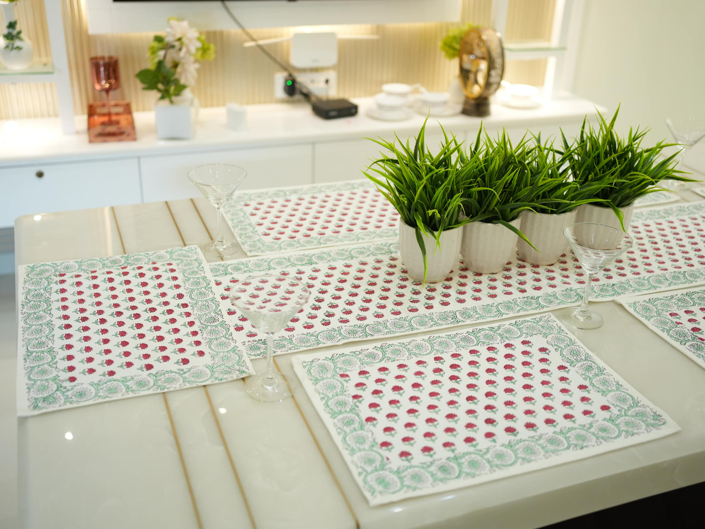 Pink Blossoms: Hand-Blocked Floral Motifs Dining Table Runner