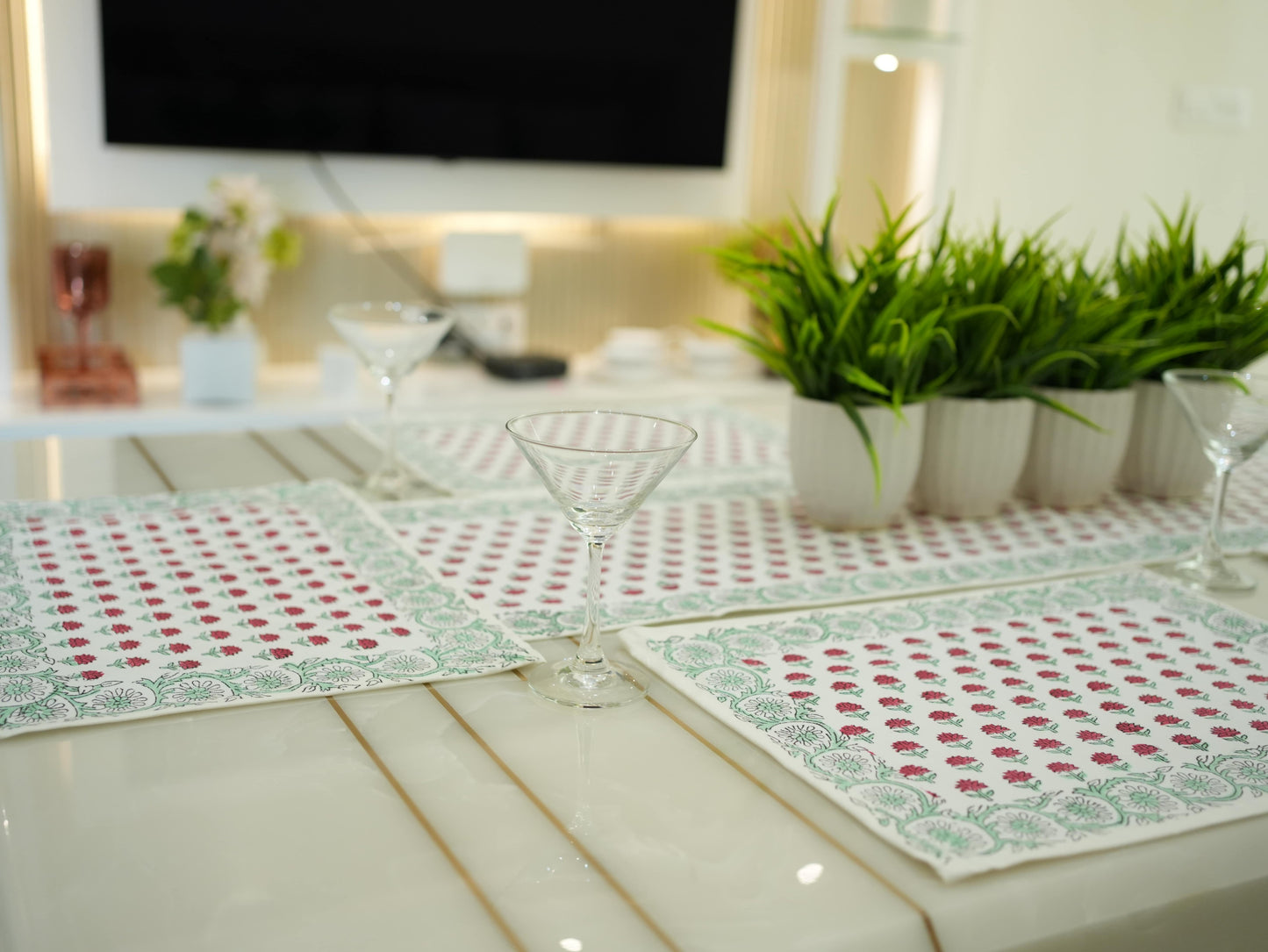 Pink Blossoms: Hand-Blocked Floral Motifs Dining Table Runner