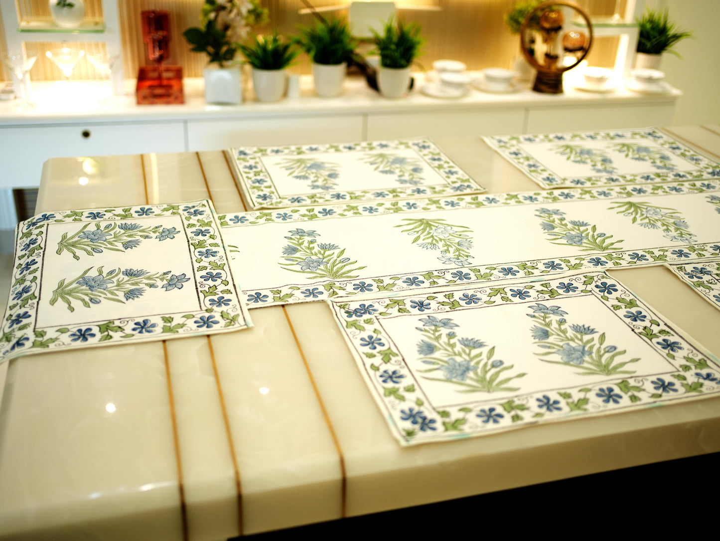 Blue Blooms: Artisan Hand-Blocked Floral Canvas Runner