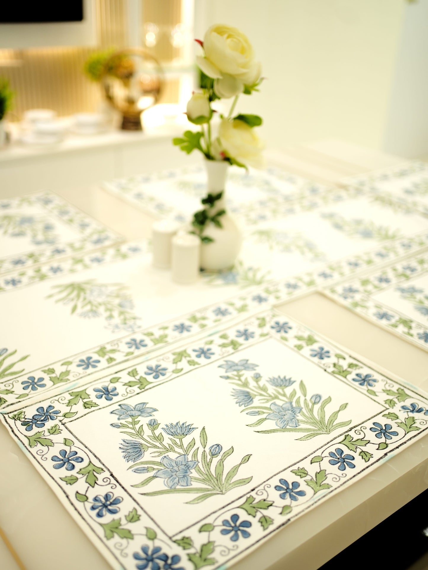 Blue Blooms: Artisan Hand-Blocked Floral Canvas Runner