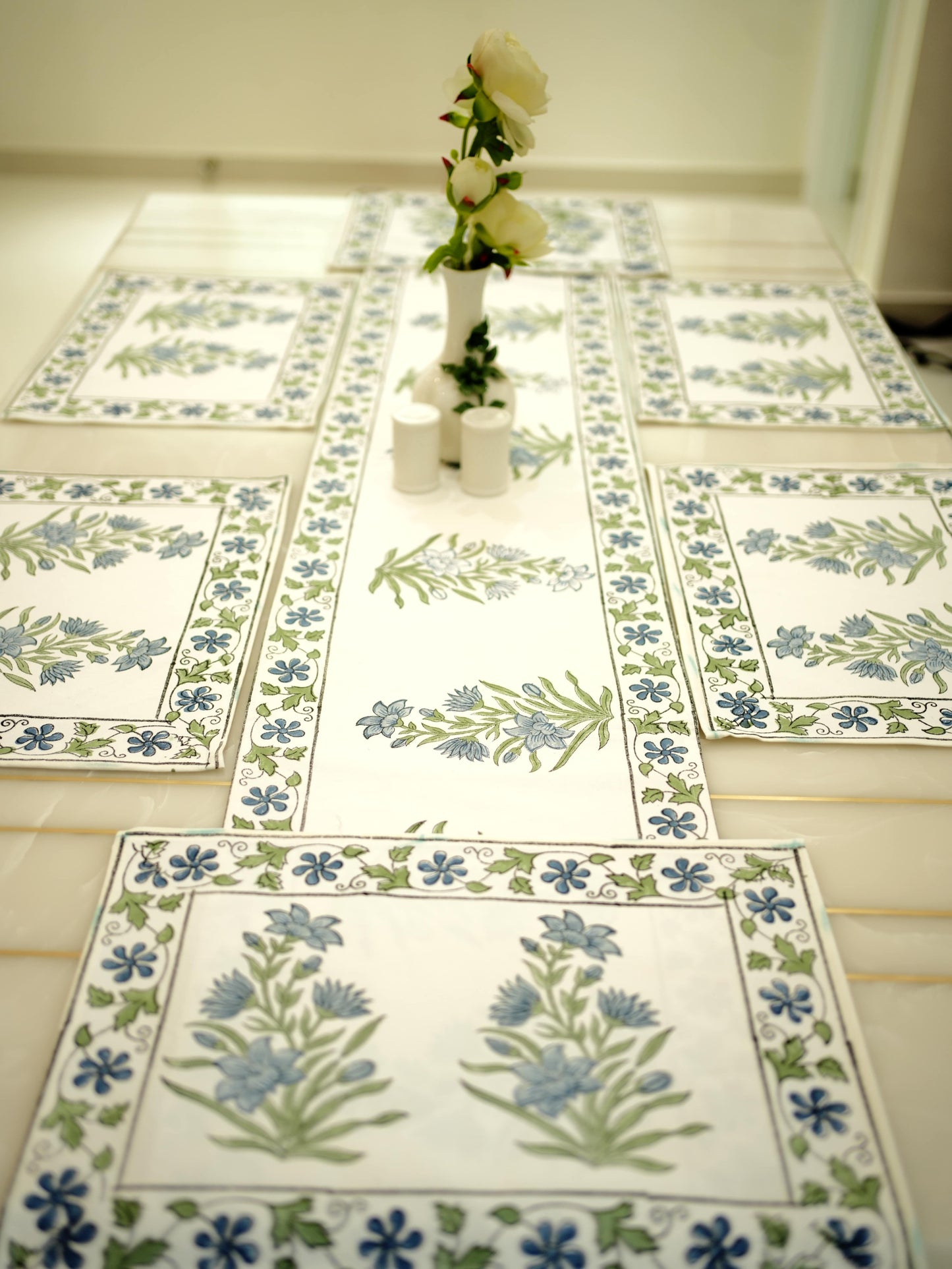 Blue Blooms: Artisan Hand-Blocked Floral Canvas Runner