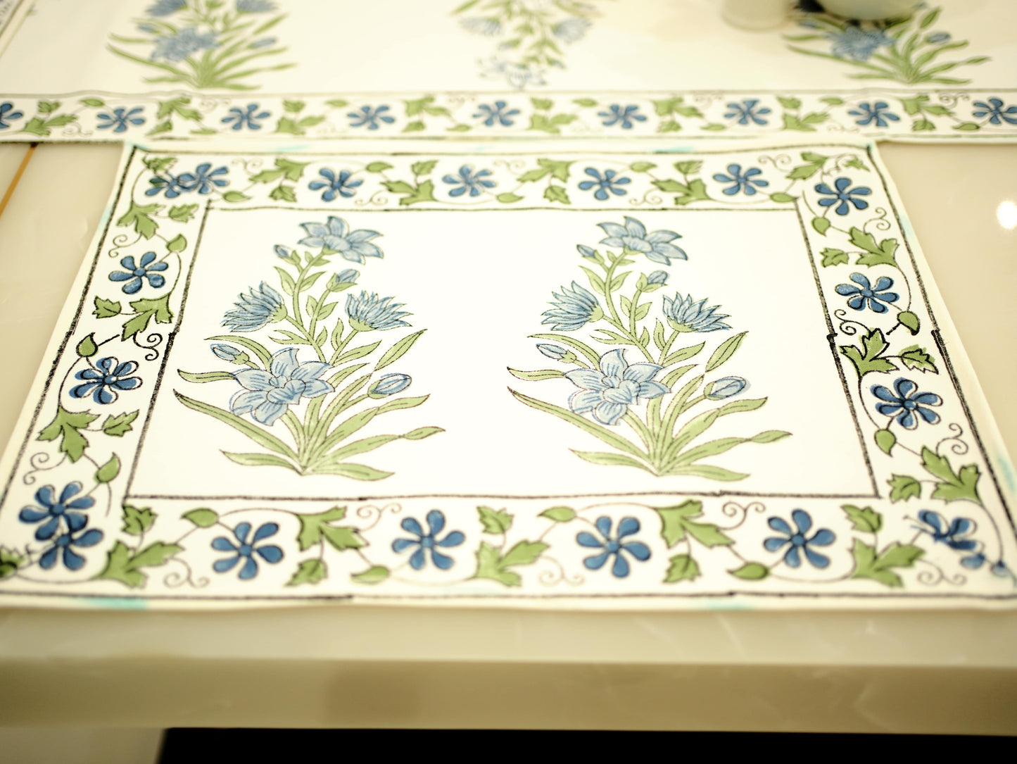 Blue Blooms: Artisan Hand-Blocked Floral Canvas Runner