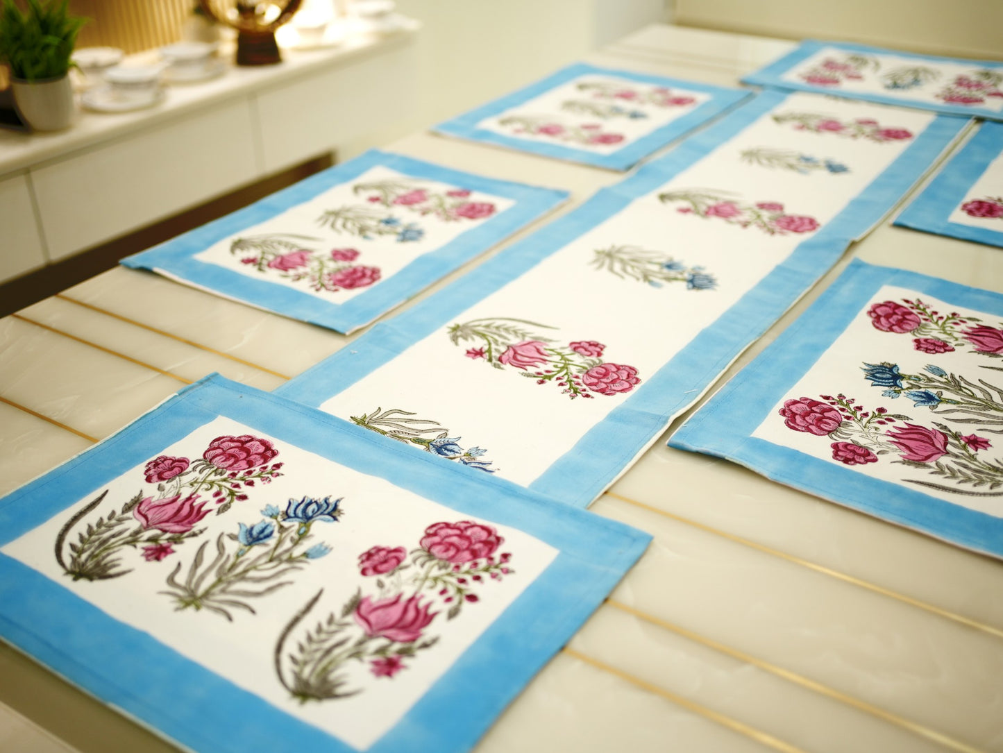 Floral Elegance: Hand-Blocked Blue and Pink Dining Table Runner