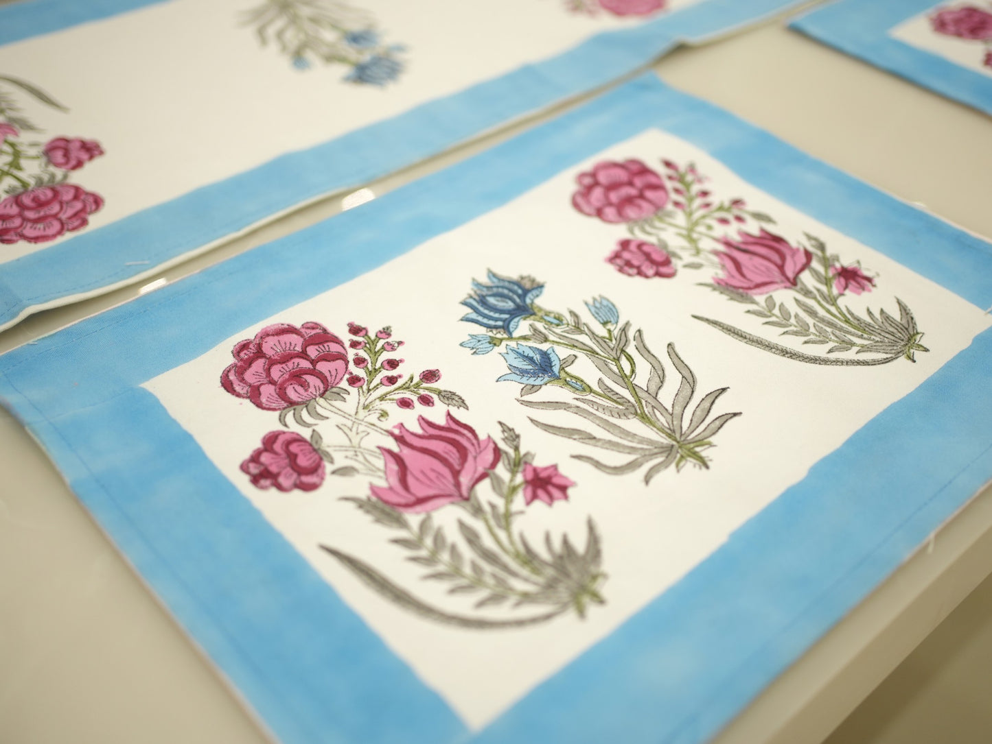 Floral Elegance: Hand-Blocked Blue and Pink Dining Table Runner