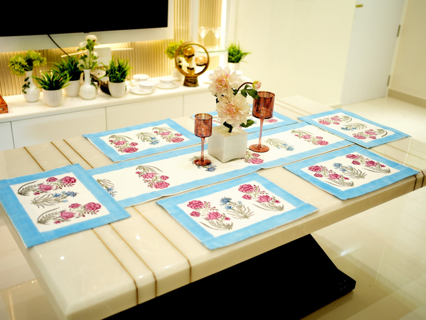 Floral Elegance: Hand-Blocked Blue and Pink Dining Table Runner