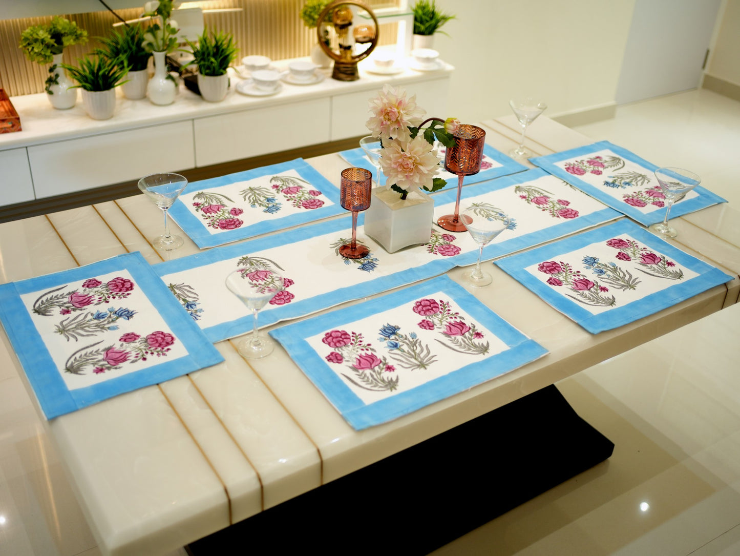 Floral Elegance: Hand-Blocked Blue and Pink Dining Table Runner