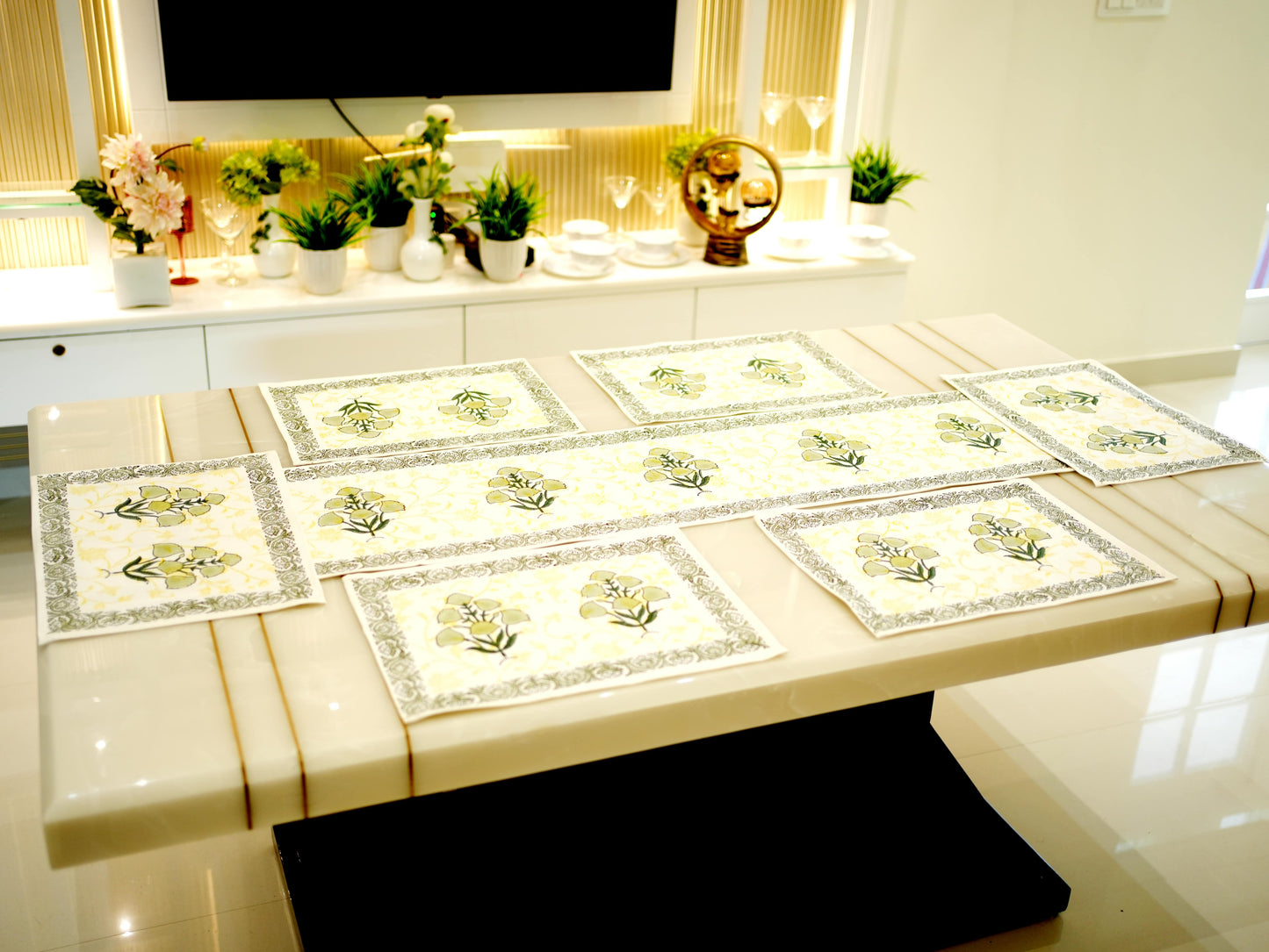 Green Blooms: Artisan Hand-Blocked Floral Canvas Runner