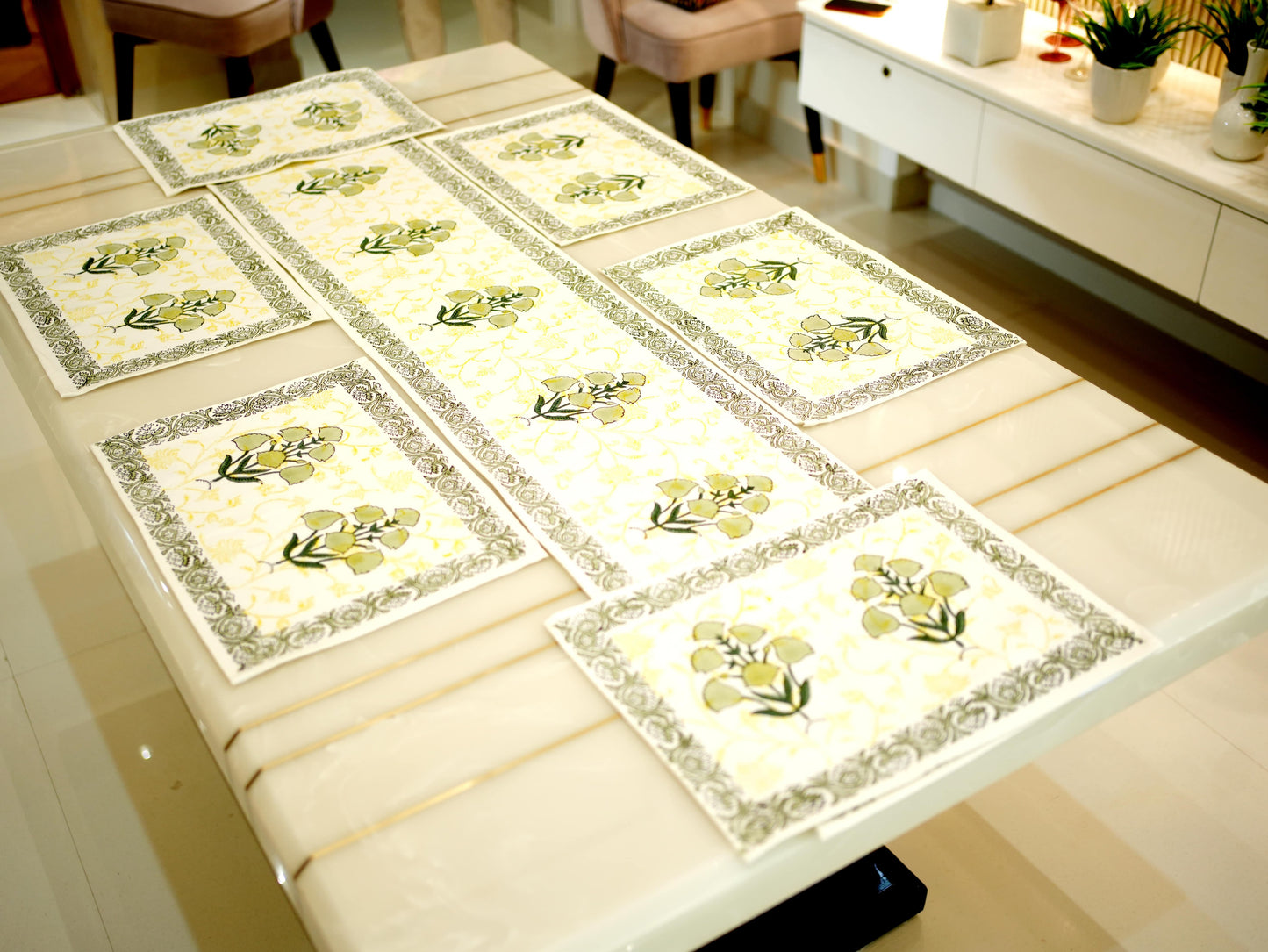 Green Blooms: Artisan Hand-Blocked Floral Canvas Runner