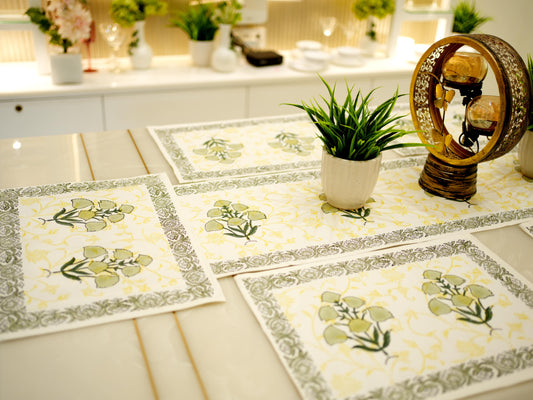 Green Blooms: Artisan Hand-Blocked Floral Canvas Runner