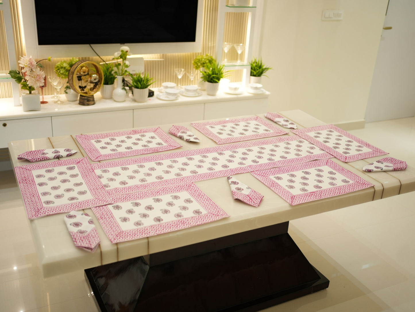 Enchanting Pink Florals: Hand Block Print Dining Table Runner Set with Matching Mats and Napkins