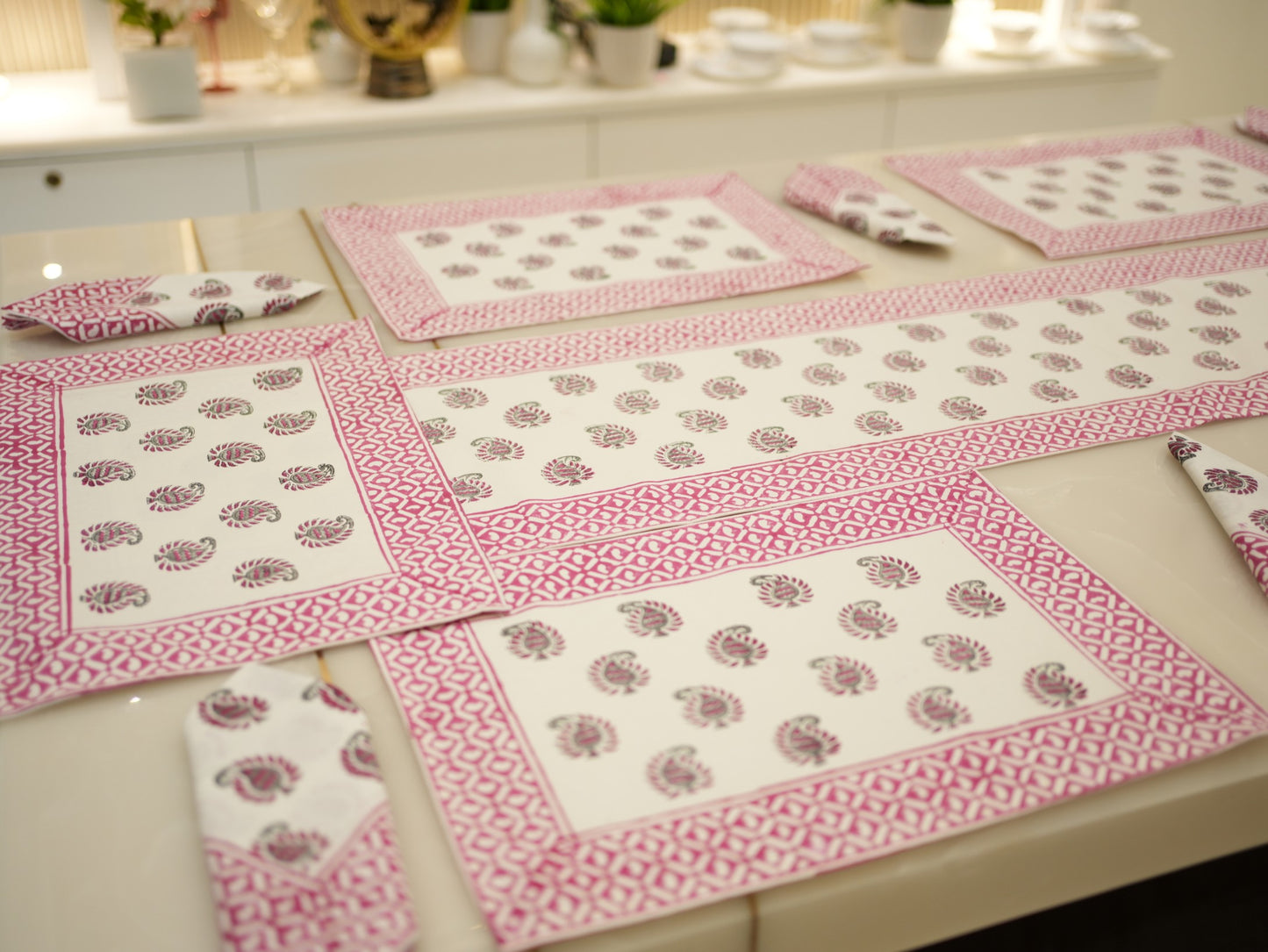 Enchanting Pink Florals: Hand Block Print Dining Table Runner Set with Matching Mats and Napkins