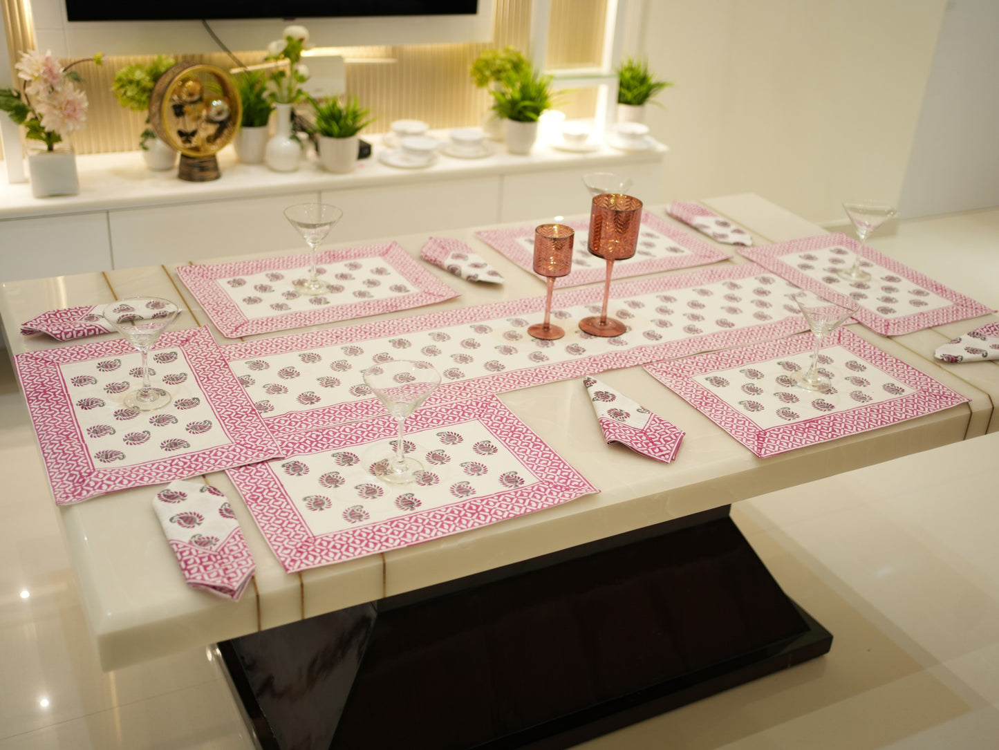 Enchanting Pink Florals: Hand Block Print Dining Table Runner Set with Matching Mats and Napkins