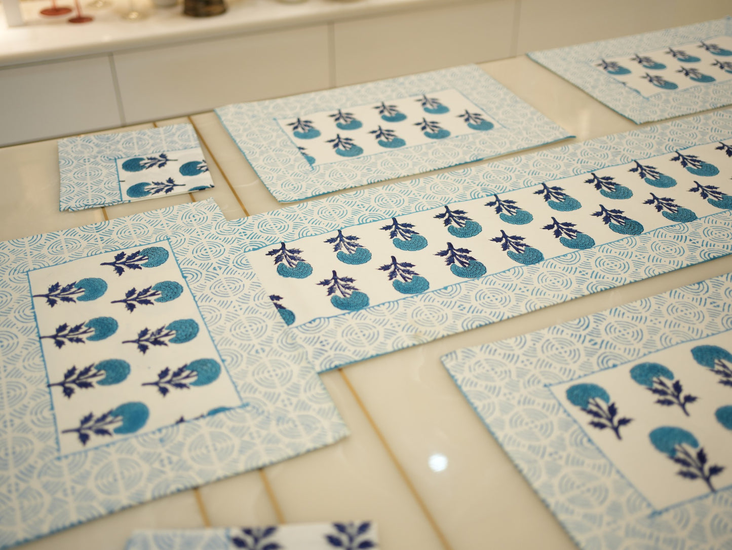 Charming Blue Floral Dining Table Runner Set