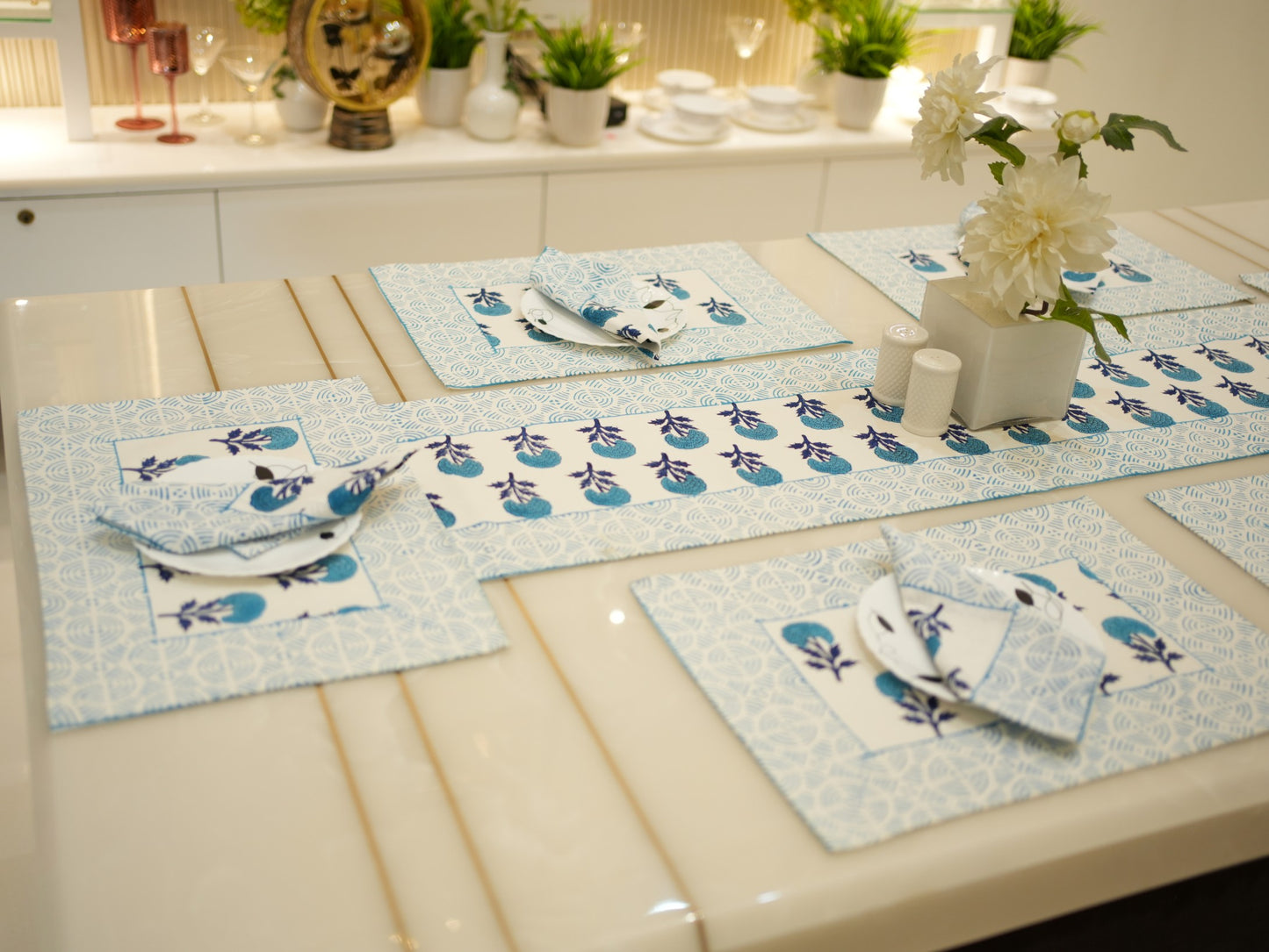 Charming Blue Floral Dining Table Runner Set